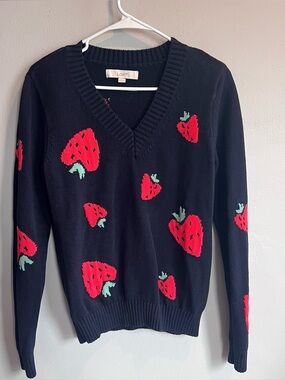 LOFT Strawberry Knit Vneck Sweater Navy Cotton M